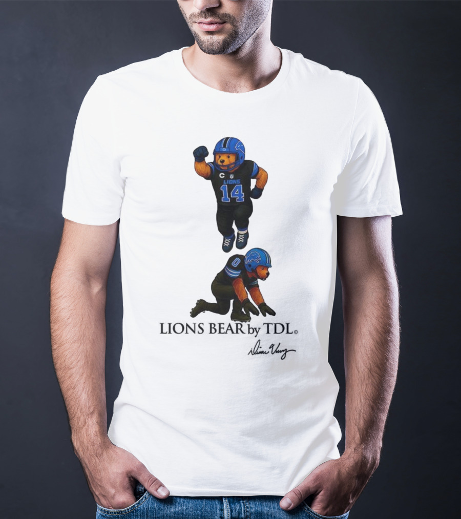 Amon-Ra St. Brown 14 Jahmyr Gibbs 0 Detroit Lions Bear Celebrating Football T-Shirt