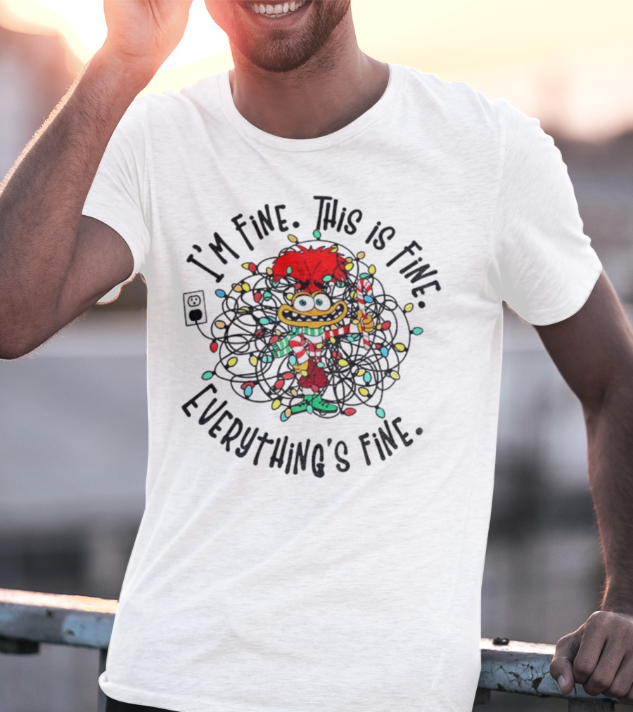 I'm Fine This Is Fine Everything's Fine Anxiety Inside Out 2 Holiday Lights Candy Cane T-Shirt