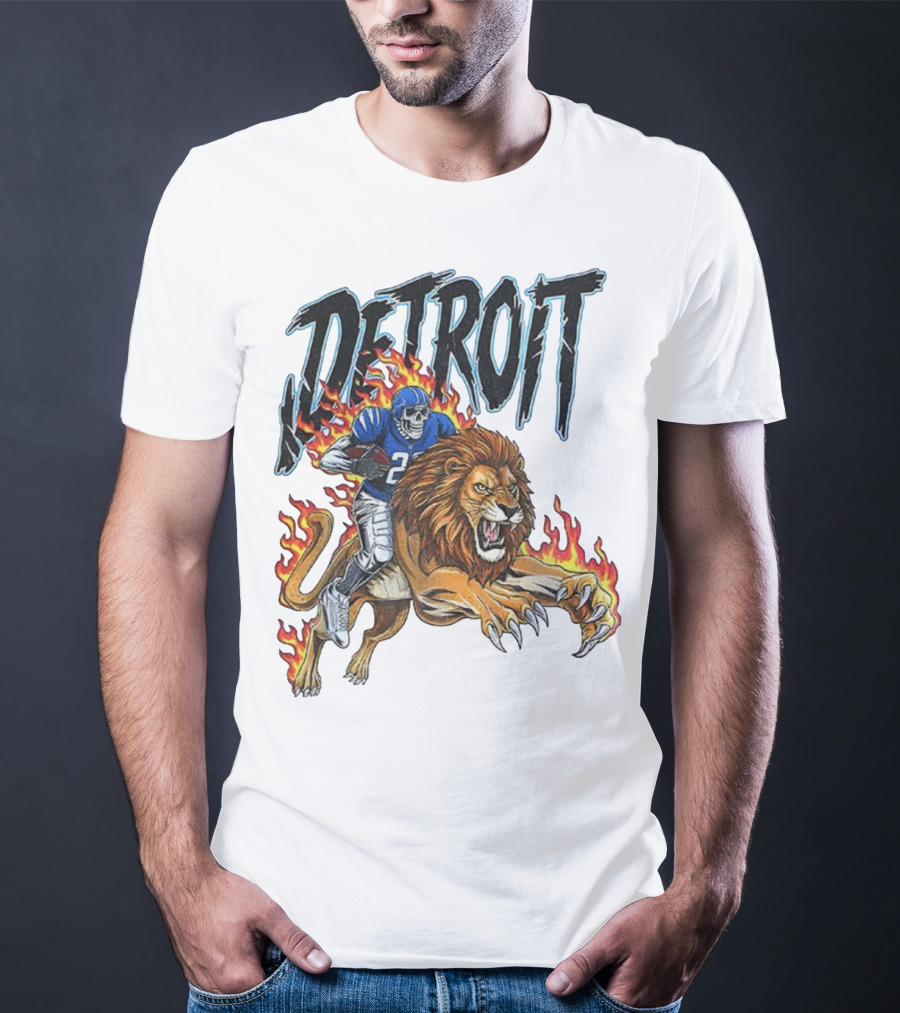 Detroit Lions Vintage Skeleton Riding Flaming Lion Football Game Day T-Shirt
