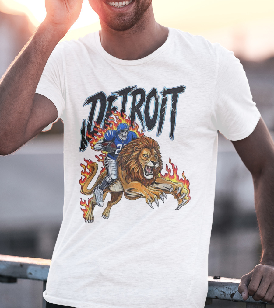 Detroit Lions Vintage Skeleton Riding Flaming Lion Football Game Day T-Shirt