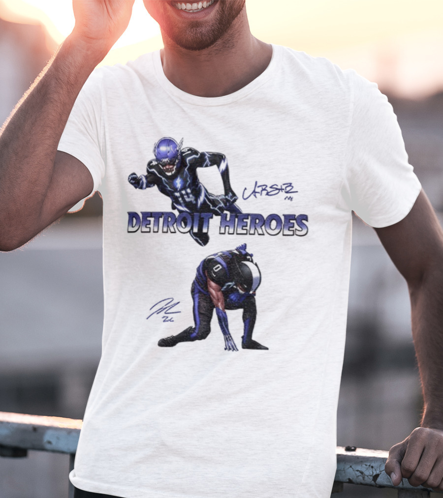 Jahmyr Gibbs Amon Ra St Brown Detroit Heroes 2025 Signature T-Shirt