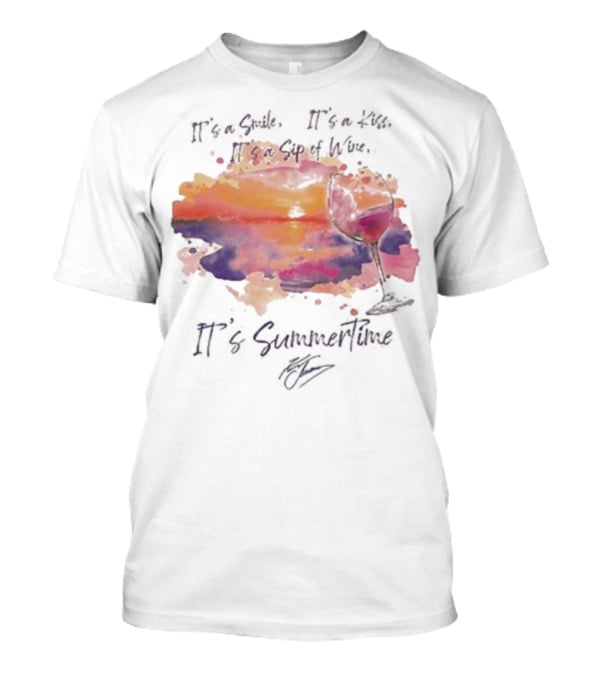 Kenny Chesney It's A Smile It's A Lie It's A Sip Of Wine It's Summertime Flowy Sunset Wine Glass T-Shirt