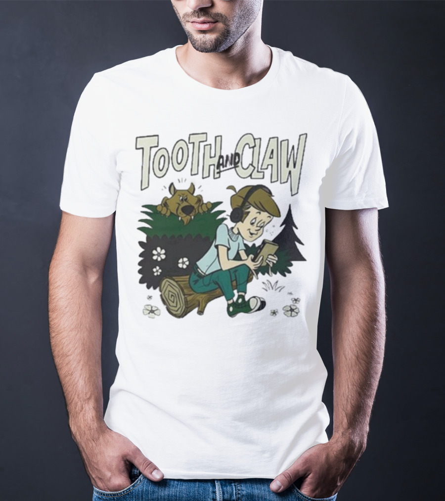 Tooth And Claw Podcast Don’t Look Behind You Headphones Listening Cartoon Dog Forest Scene T-Shirt