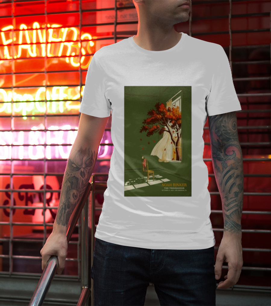 Noah Rinker The Troubadour Los Angeles Oct 21 2025 Autumn Tree Window Scene T-Shirt