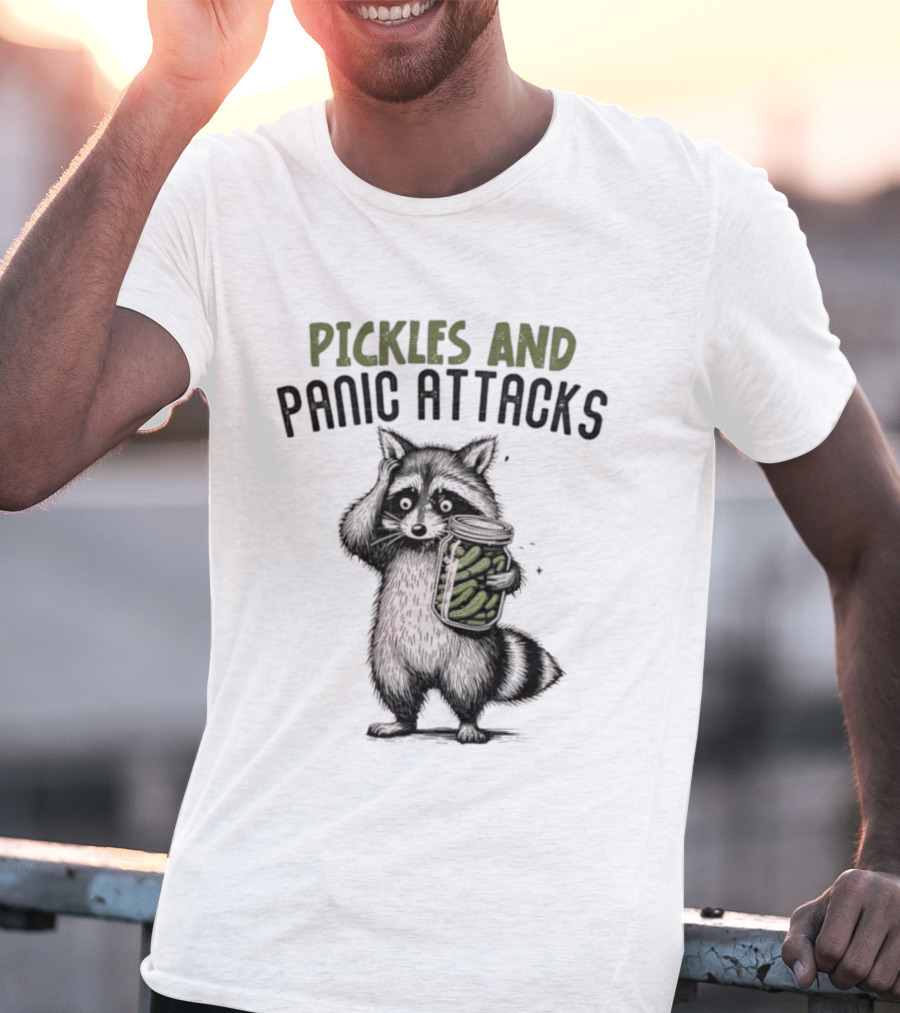 Pickles And Panic Attacks Raccoon Holding Jar Retro Mental Health Awareness T-Shirt
