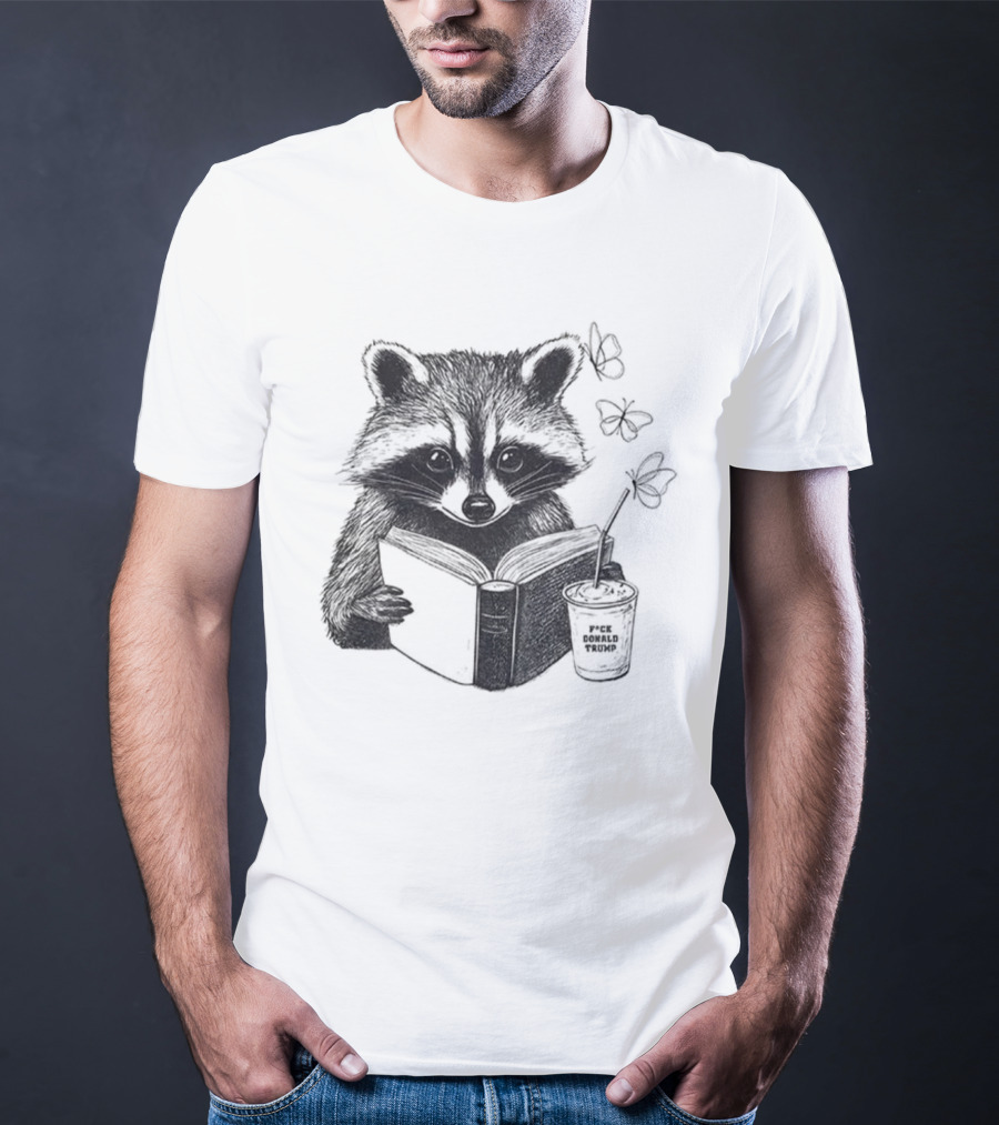 Raccoon Reading Book Coffee Cup Cozy Subtle Anti-Trump T-Shirt