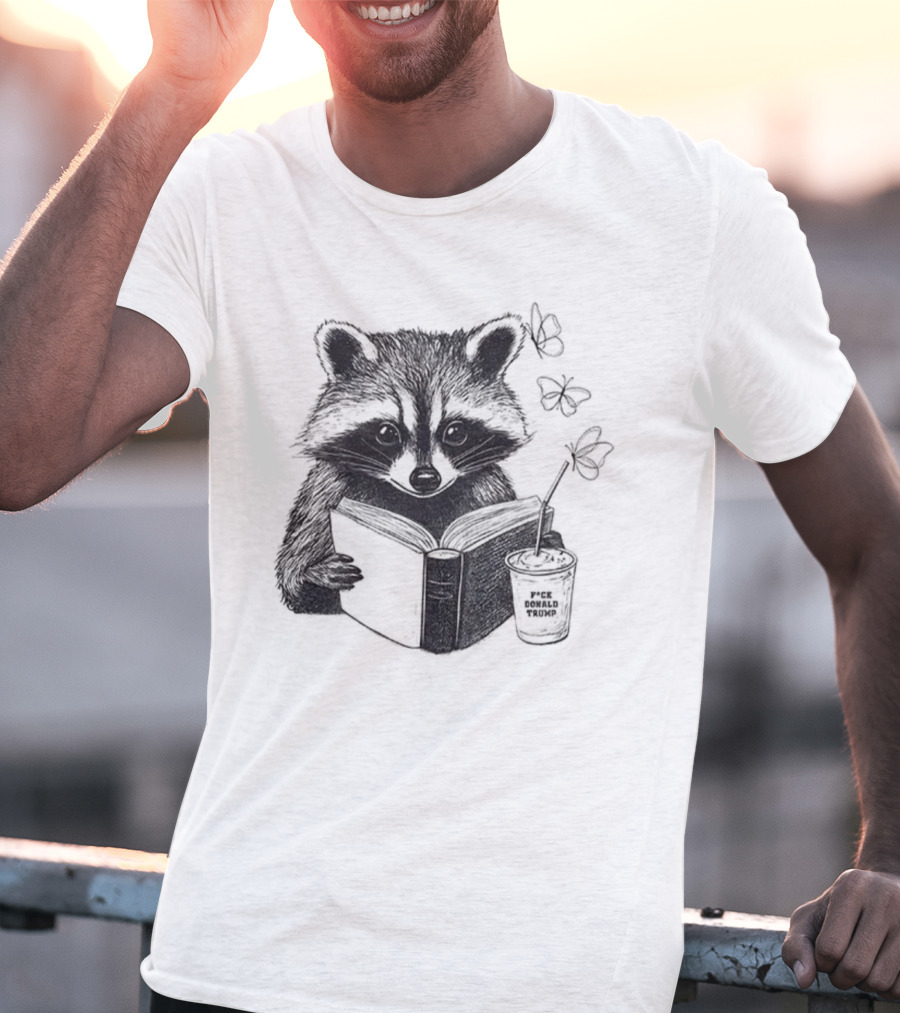 Raccoon Reading Book Coffee Cup Cozy Subtle Anti-Trump T-Shirt