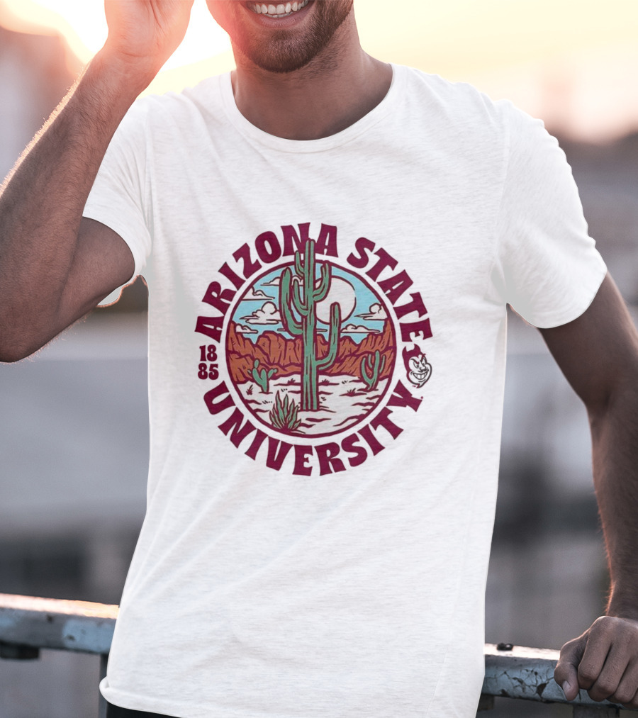 Arizona State University 1885 Desert Cactus Landscape Sun Moon Iconic Symbol T-Shirt