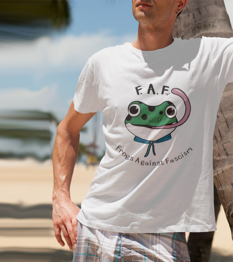 F.A.F Frogs Against Fascism Playful Green Frog With Tongue And Blue Scarf T-Shirt
