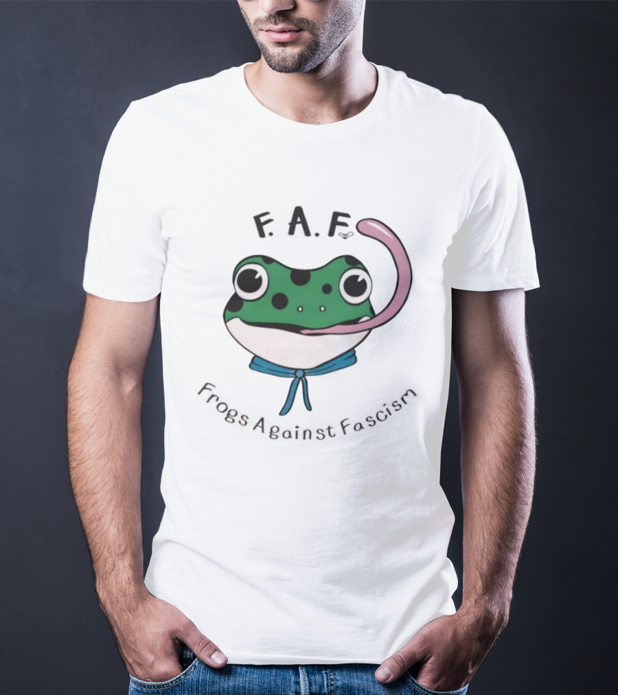 F.A.F Frogs Against Fascism Playful Green Frog With Tongue And Blue Scarf T-Shirt