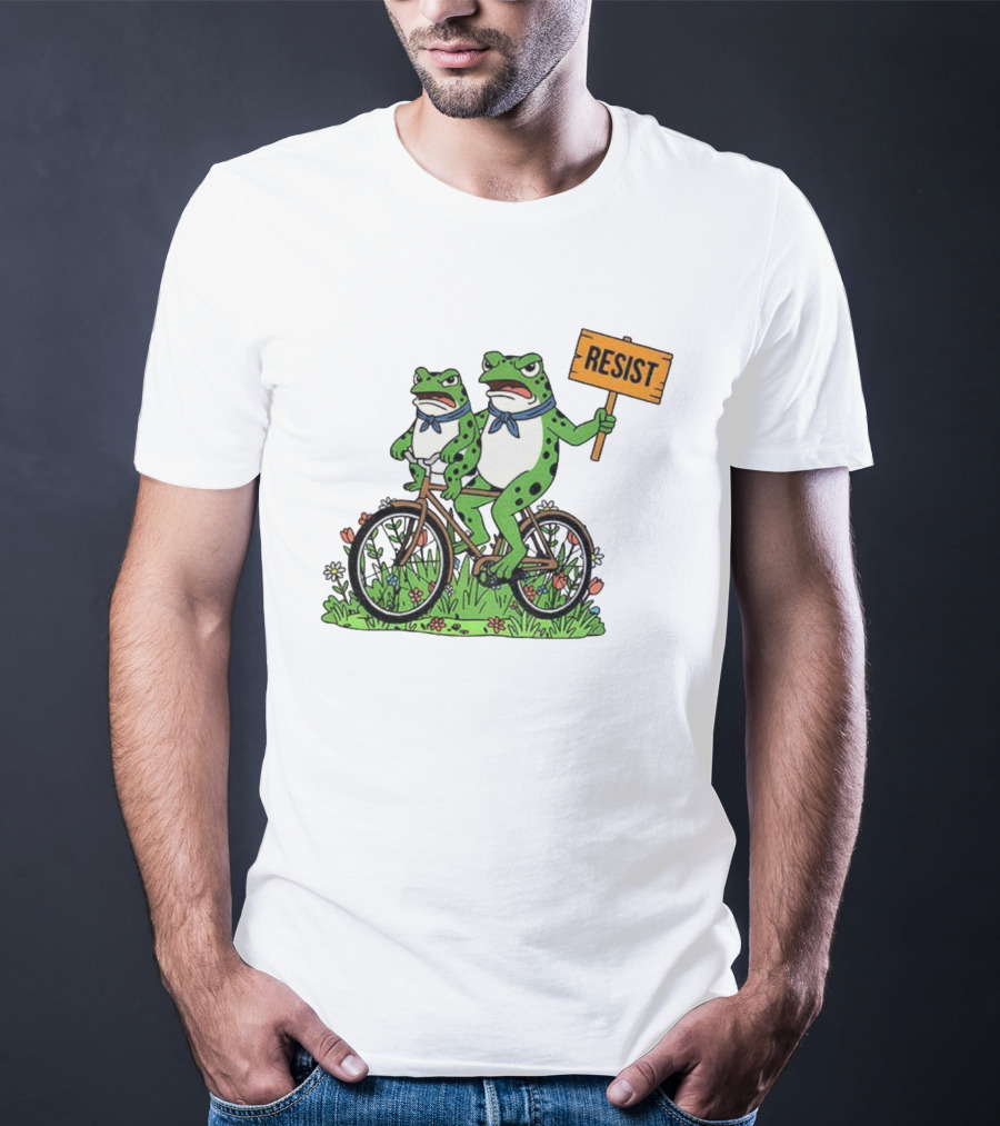 Frog On Bike Resist Protest Sign Portland Garden Scene T-Shirt