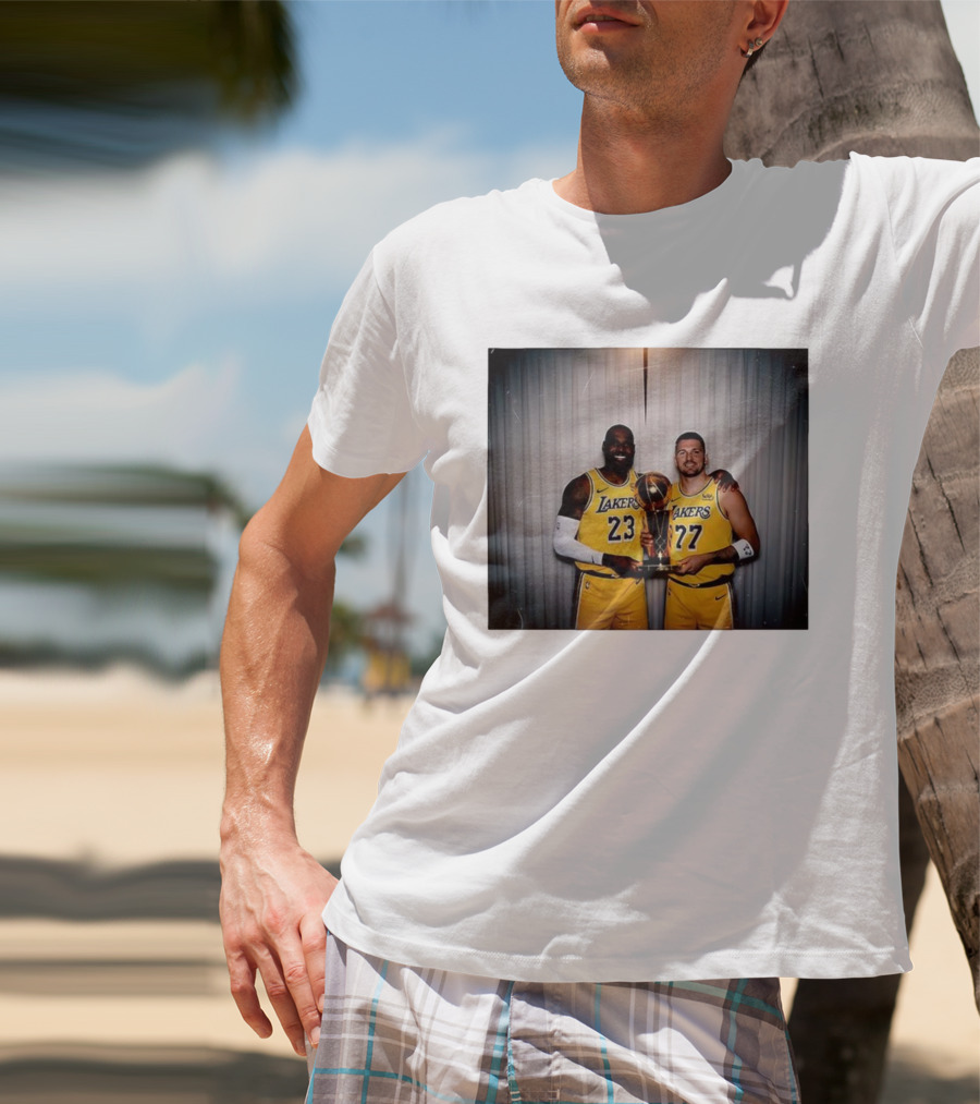 Los Angeles Lakers LeBron James Luka Dončić Holding Trophy June 2026 T-Shirt