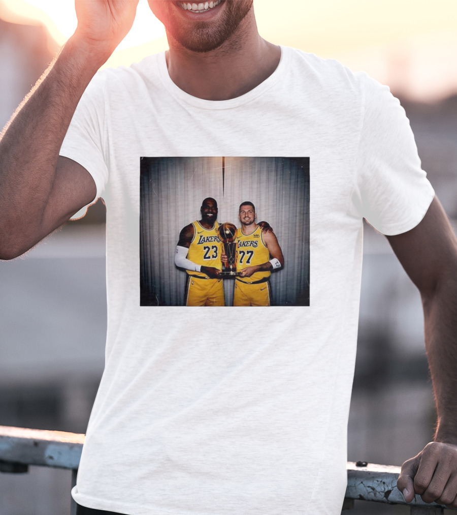 Los Angeles Lakers LeBron James Luka Dončić Holding Trophy June 2026 T-Shirt
