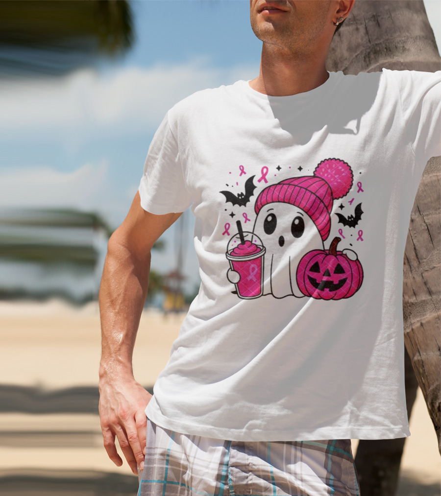 Spooky Ghost Pink Pumpkin Breast Cancer Awareness With Ribbon In October We Wear Pink T-Shirt