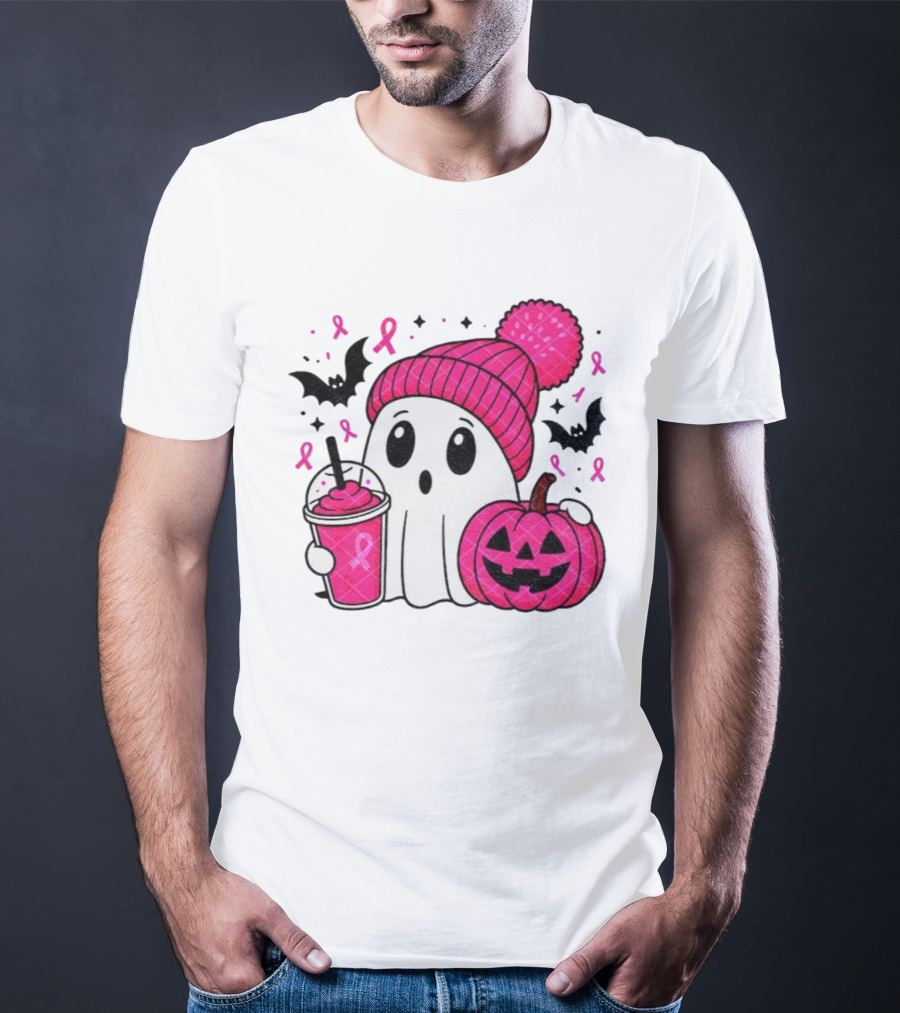 Spooky Ghost Pink Pumpkin Breast Cancer Awareness With Ribbon In October We Wear Pink T-Shirt