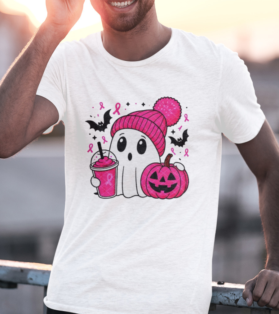 Spooky Ghost Pink Pumpkin Breast Cancer Awareness With Ribbon In October We Wear Pink T-Shirt