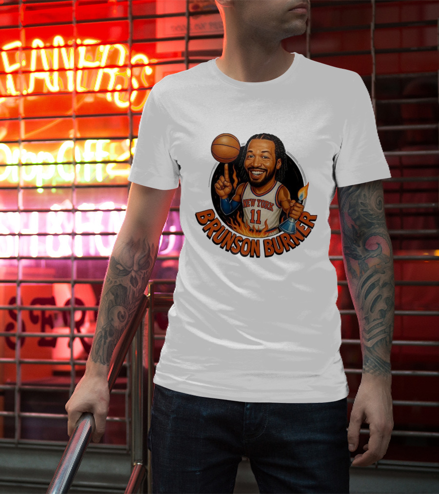 New York Knicks Brunson Burner Cartoon With Basketball And Flames T-Shirt