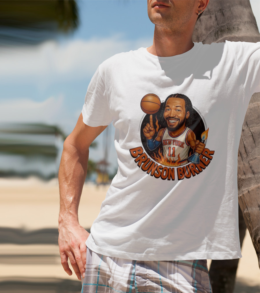 New York Knicks Brunson Burner Cartoon With Basketball And Flames T-Shirt