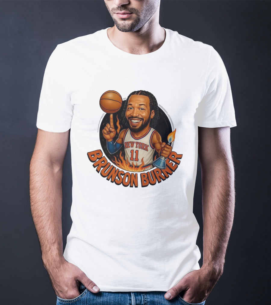 New York Knicks Brunson Burner Cartoon With Basketball And Flames T-Shirt