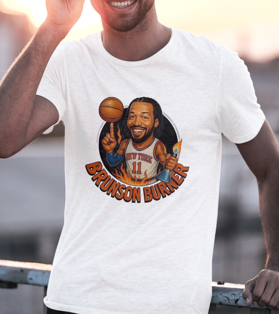 New York Knicks Brunson Burner Cartoon With Basketball And Flames T-Shirt