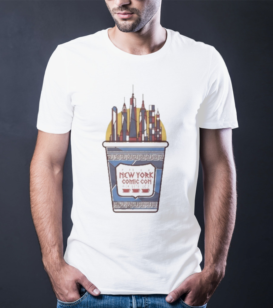 New York Comic Con 2025 Coffee Cup Skyline Tower Design T-Shirt