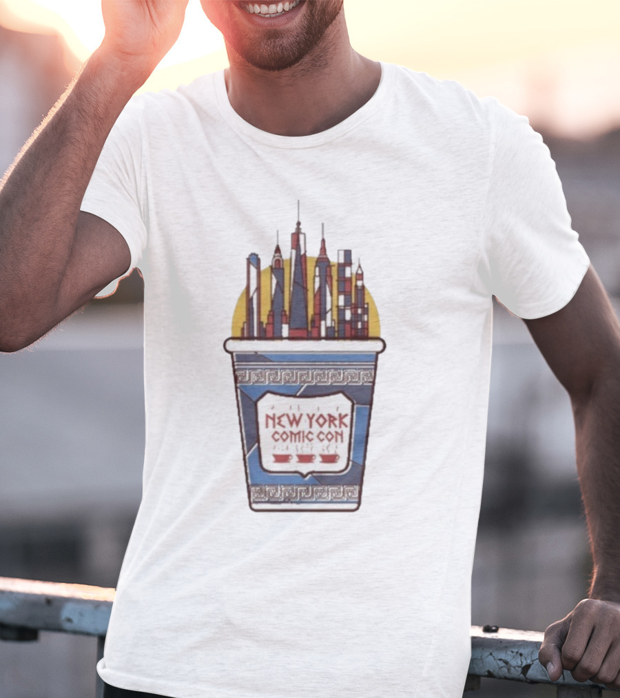 New York Comic Con 2025 Coffee Cup Skyline Tower Design T-Shirt