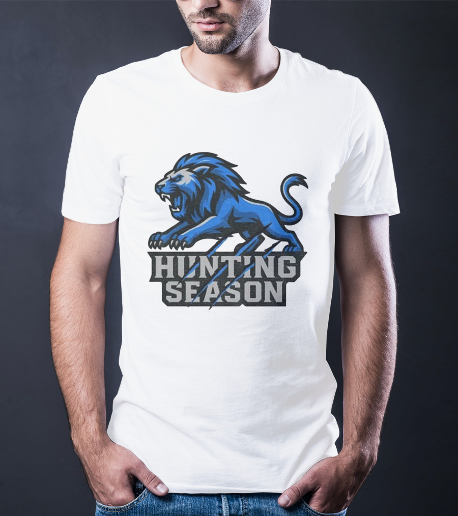 Detroit Lions Hunting Season Roaring Blue Lion NFL Fan Gear T-Shirt