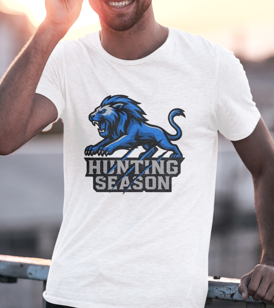 Detroit Lions Hunting Season Roaring Blue Lion NFL Fan Gear T-Shirt