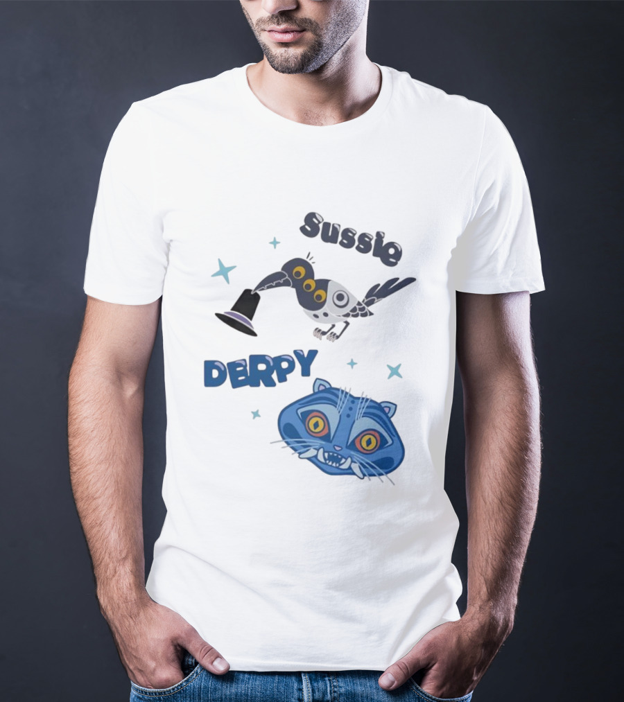 Sussie Derpy Cartoon Bird And Tiger Characters With Stars KPop Demon Hunters T-Shirt