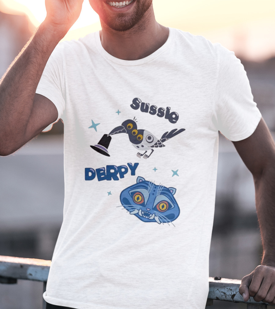 Sussie Derpy Cartoon Bird And Tiger Characters With Stars KPop Demon Hunters T-Shirt