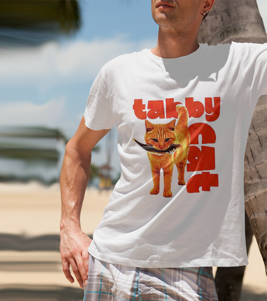 Tabby Cat Holding Fish Meme Retro Font T-Shirt