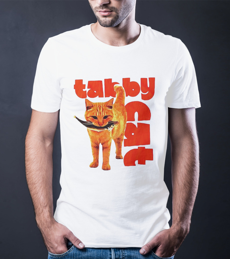 Tabby Cat Holding Fish Meme Retro Font T-Shirt
