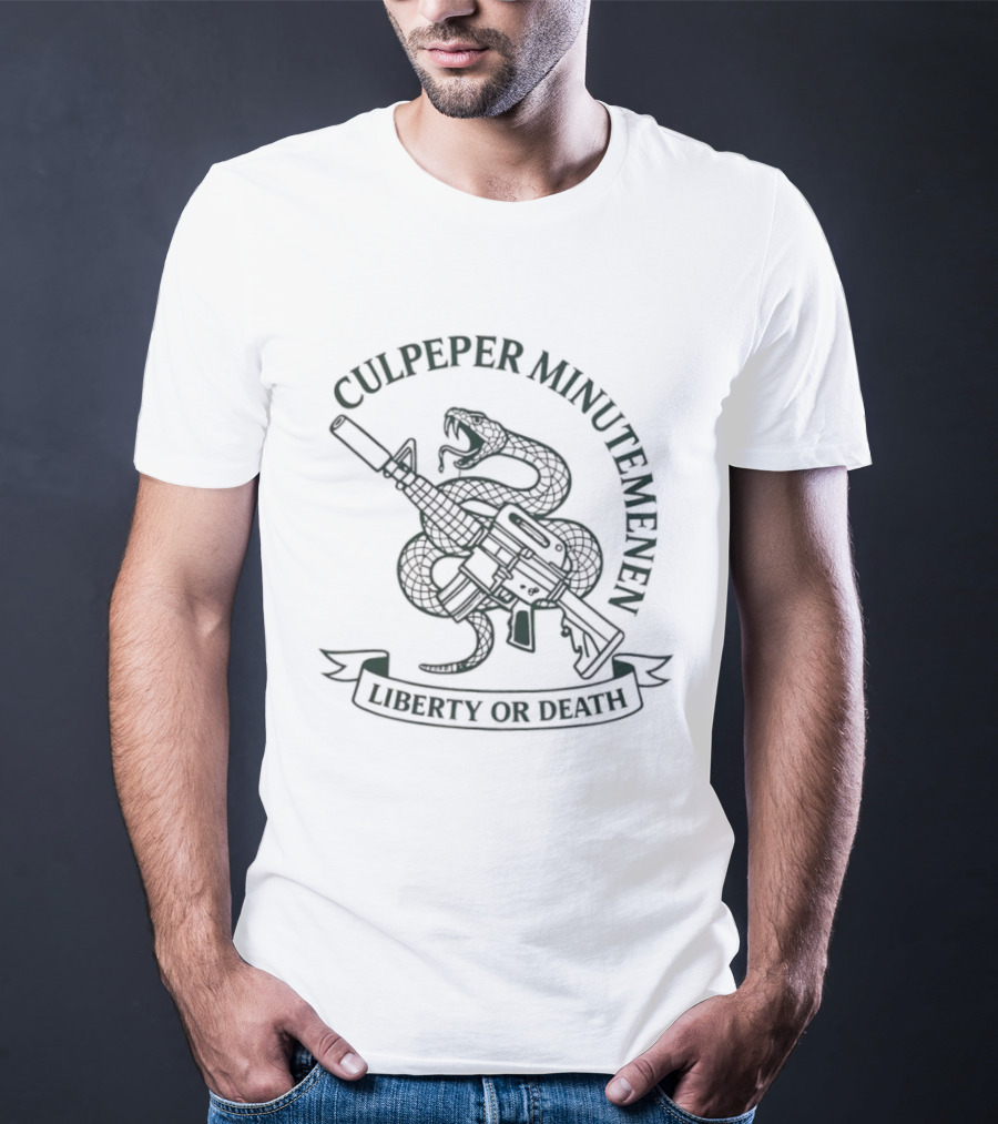Culpeper Minutemen Liberty Or Death Rattlesnake And Rifle Emblem T-Shirt