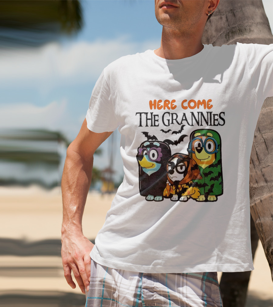 Here Come The Grannies Halloween Blue Dog Characters In Costumes T-Shirt