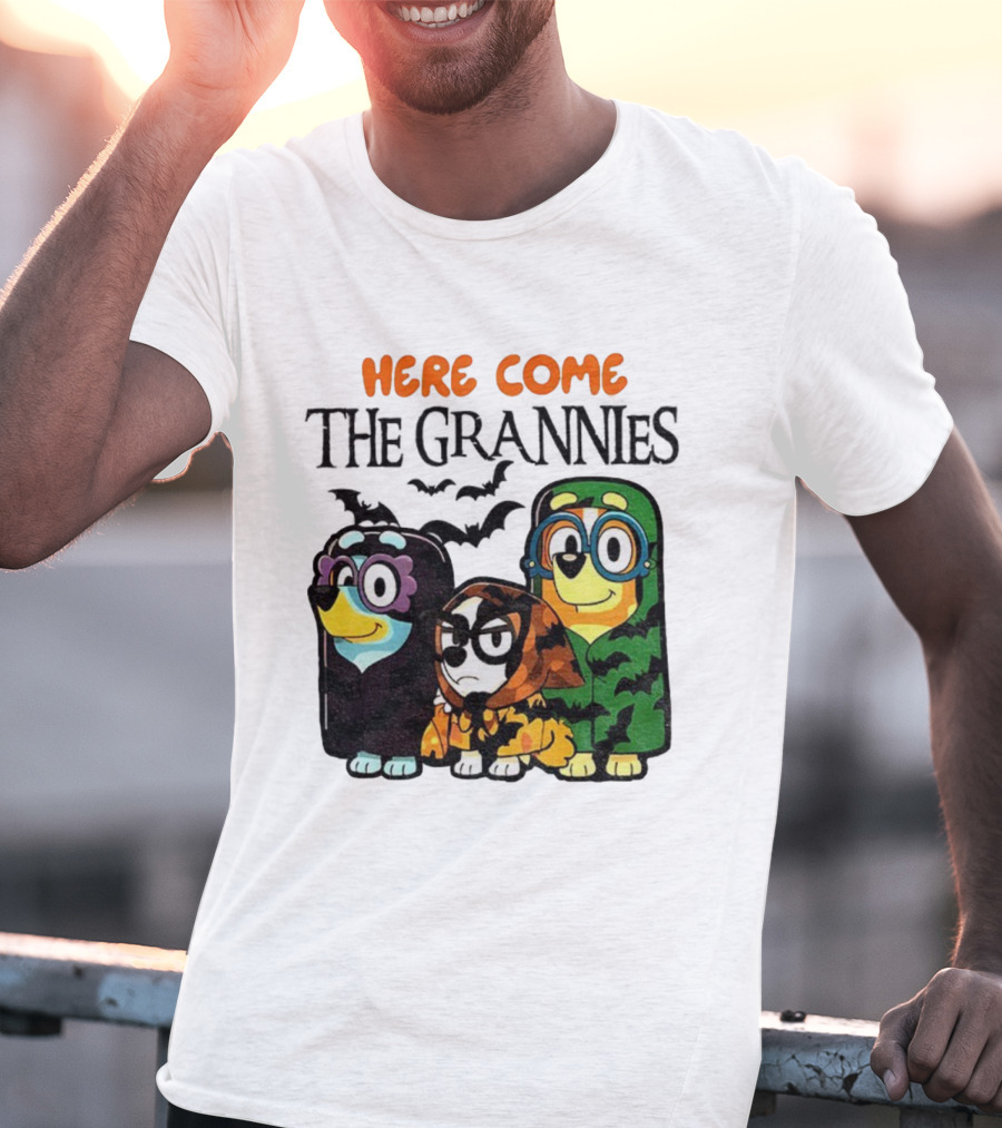Here Come The Grannies Halloween Blue Dog Characters In Costumes T-Shirt