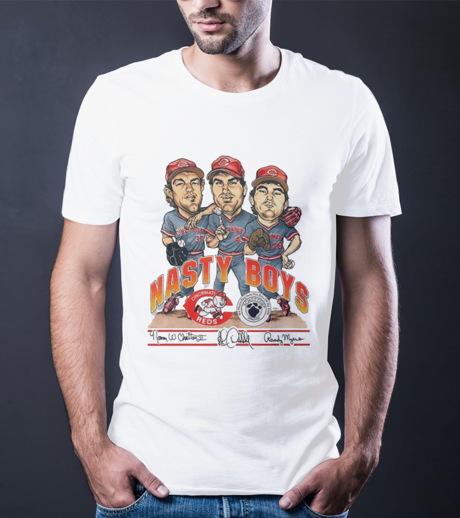 Cincinnati Reds Nasty Boys 37 43 28 Schottzie 02 Baseball Caricature T-Shirt
