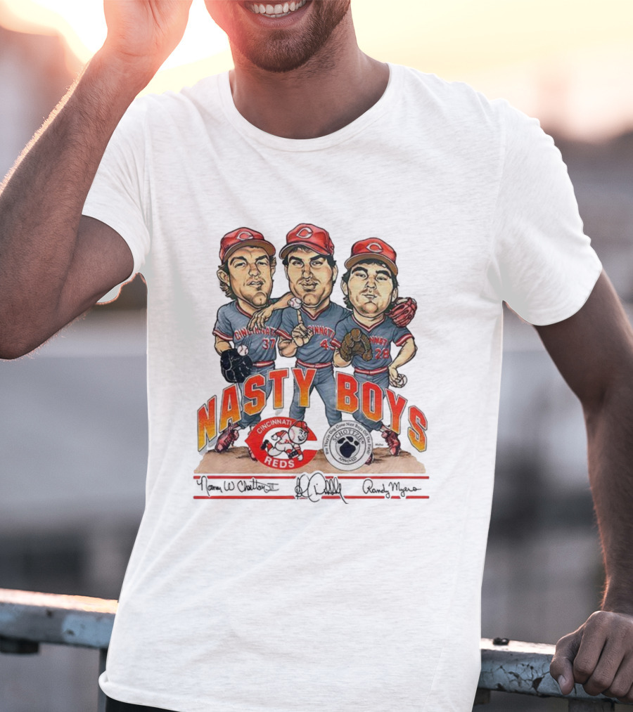 Cincinnati Reds Nasty Boys 37 43 28 Schottzie 02 Baseball Caricature T-Shirt