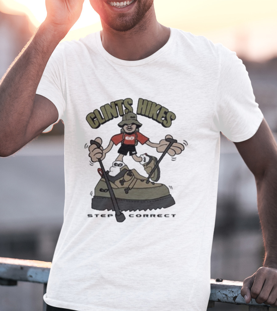CLINTS HIKES Cartoon Hiker With Walking Sticks And Boots T-Shirt