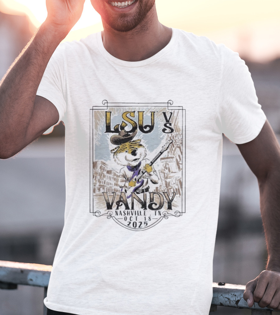 LSU Tigers Vs Vandy Vanderbilt Commodores Nashville TN Oct 18 2025 Mascot Guitar City Showdown T-Shirt