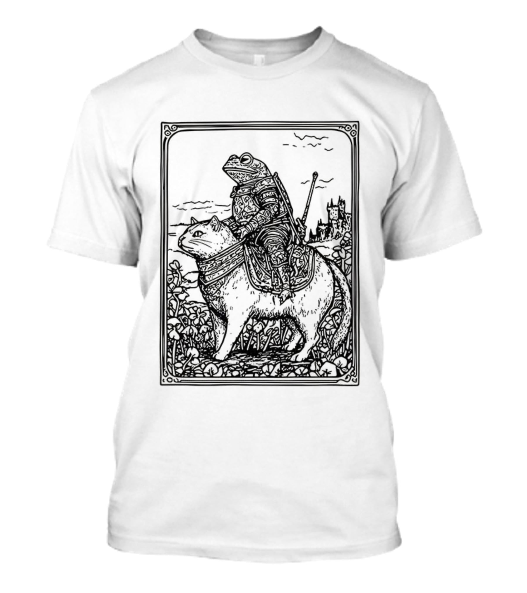 Medieval Frog Knight Riding A Cat In Armor Scene T-Shirt