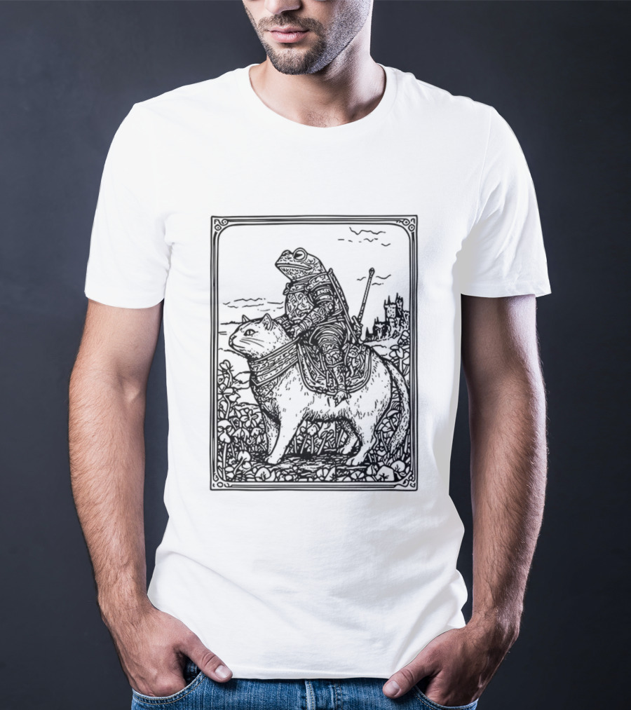 Medieval Frog Knight Riding A Cat In Armor Scene T-Shirt