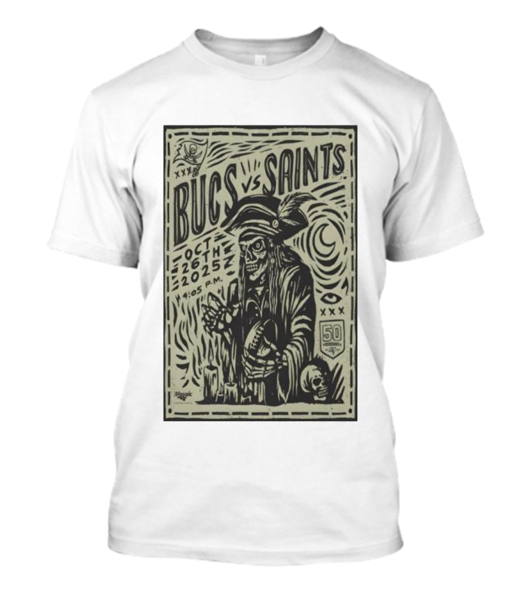 Bucs Vs Saints October 26 2025 4:05 P.M. 50 Seasons Pirate Skull Linocut T-Shirt