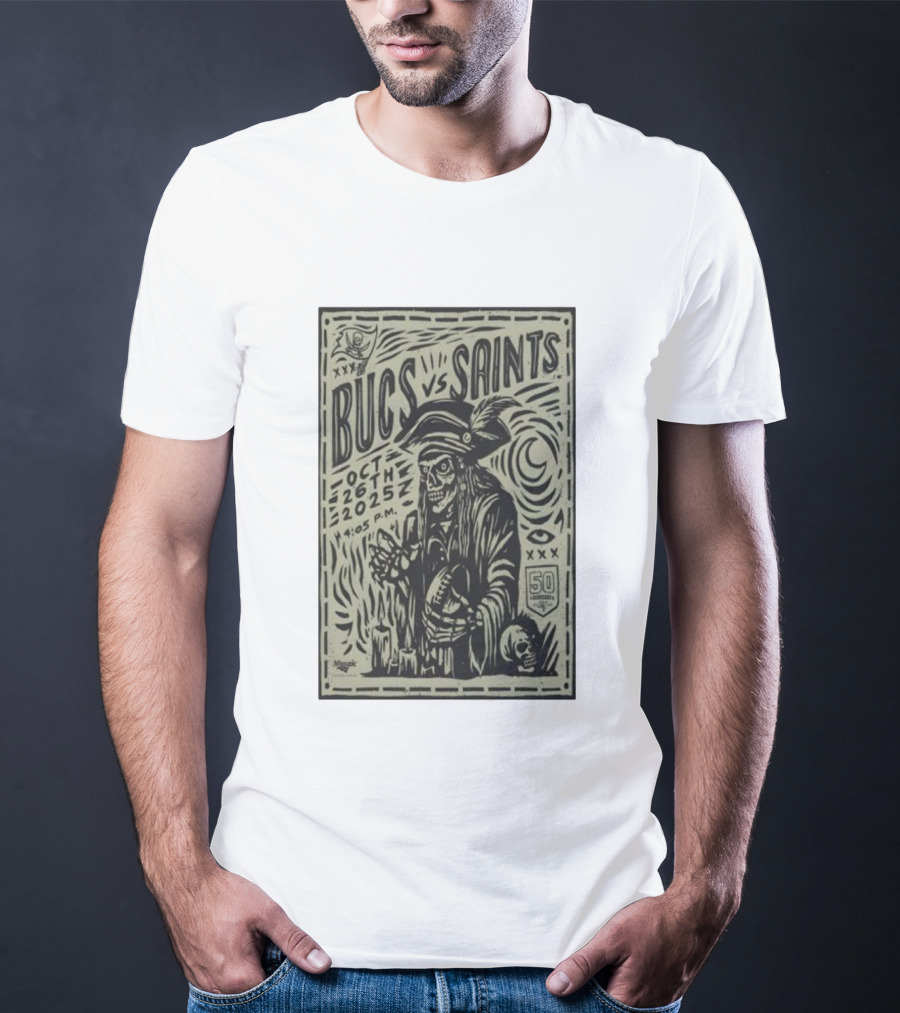 Bucs Vs Saints October 26 2025 4:05 P.M. 50 Seasons Pirate Skull Linocut T-Shirt