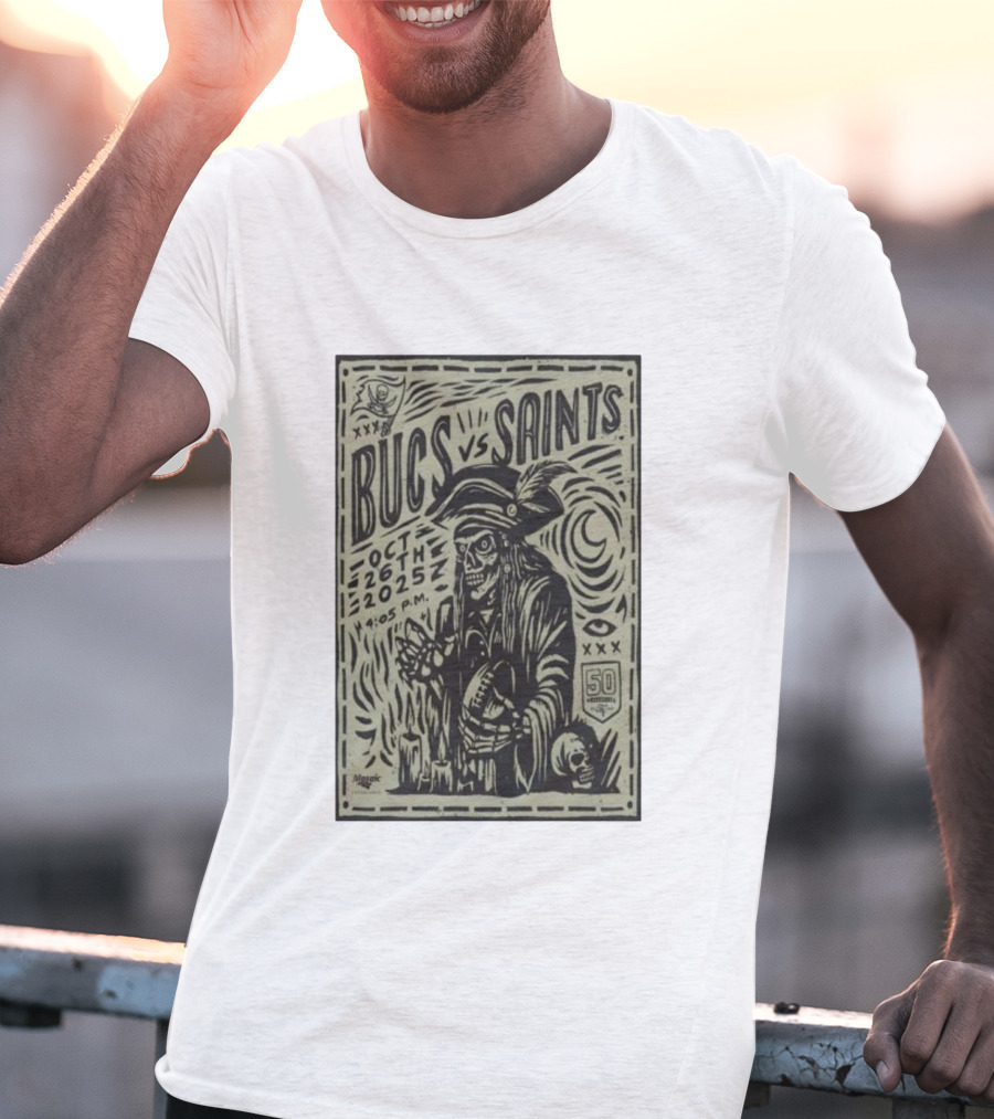 Bucs Vs Saints October 26 2025 4:05 P.M. 50 Seasons Pirate Skull Linocut T-Shirt