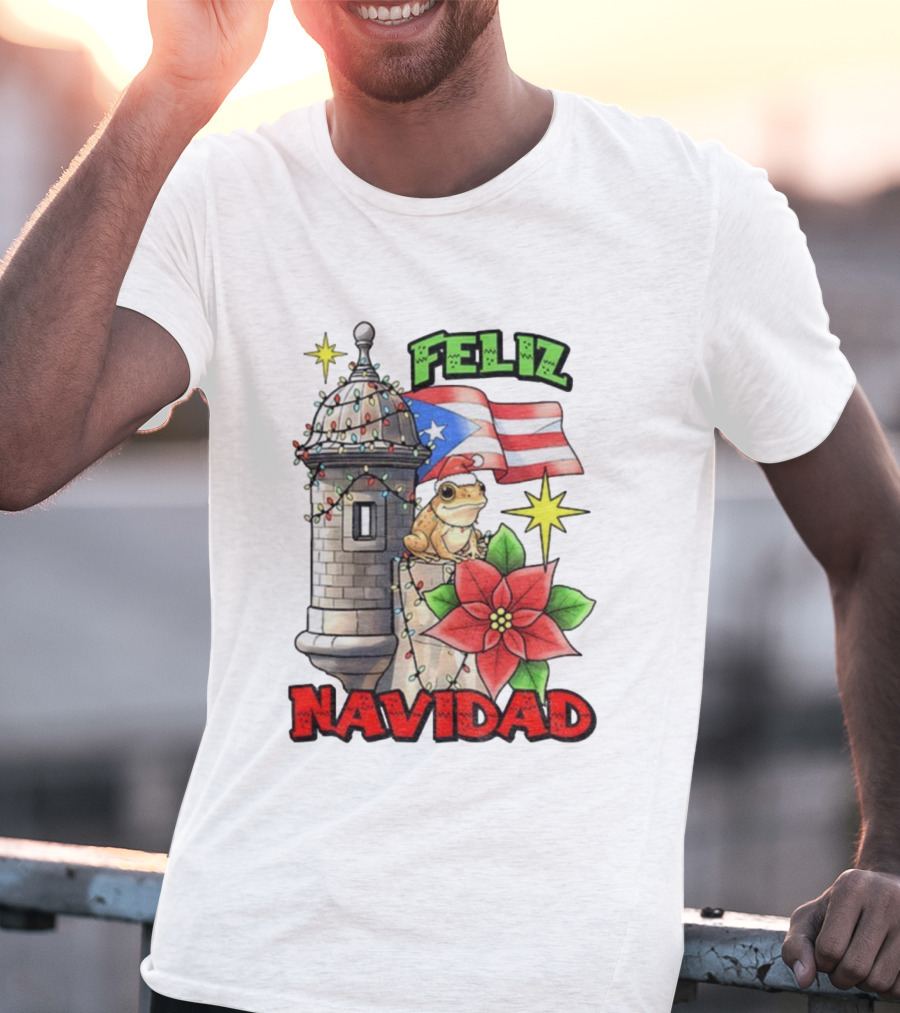 Puerto Rican Christmas Coqui Feliz Navidad Flag Poinsettia Lights T-Shirt