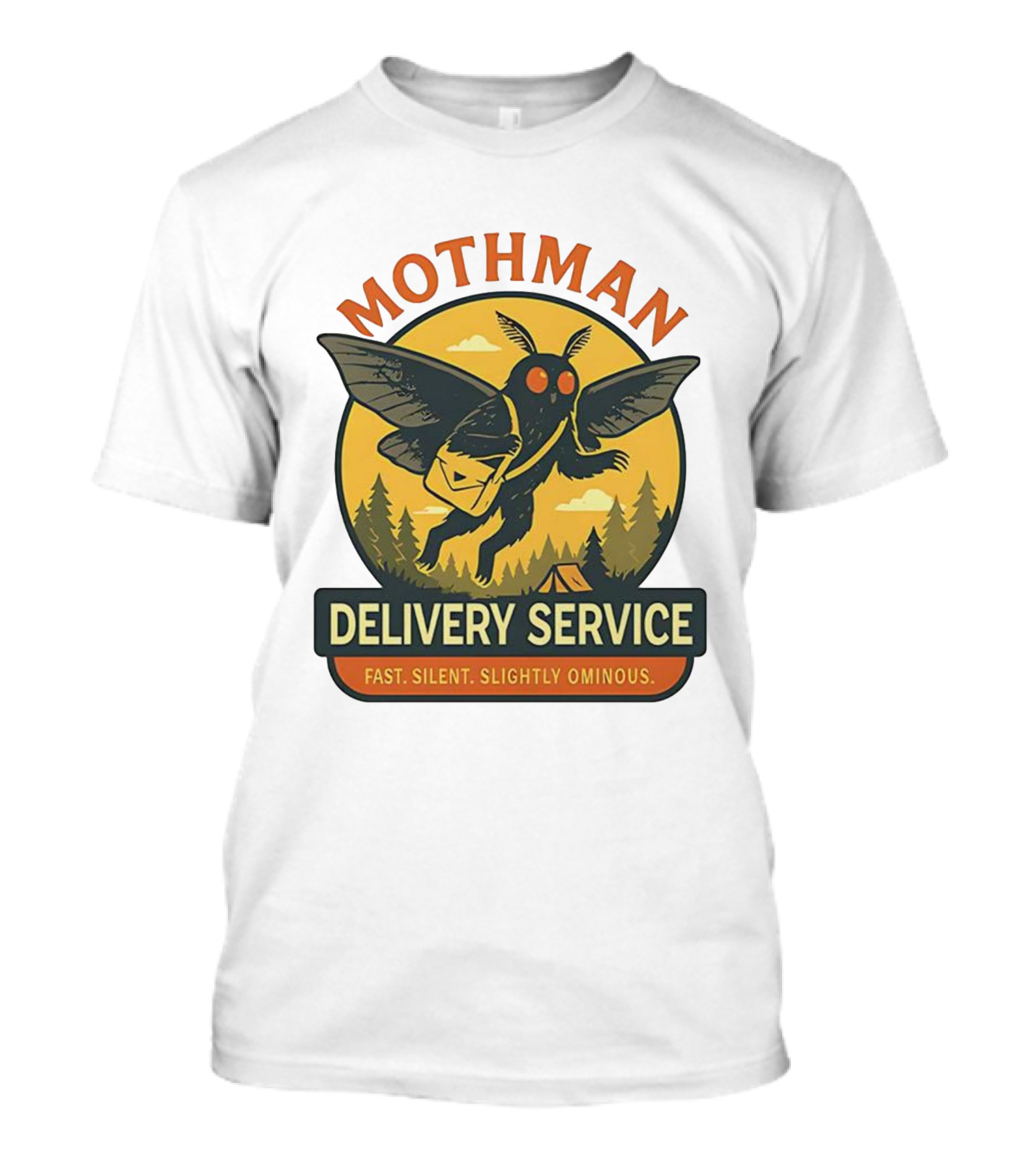 Mothman Delivery Service Fast Silent Slightly Ominous Retro Forest Imagery T-Shirt