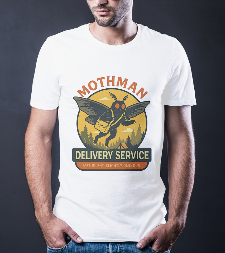 Mothman Delivery Service Fast Silent Slightly Ominous Retro Forest Imagery T-Shirt