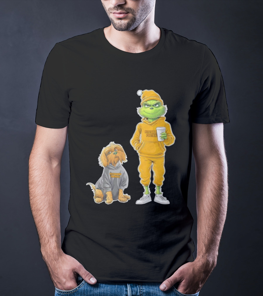 Pittsburgh Football Green Monster Grinch And Dog Christmas T-Shirt