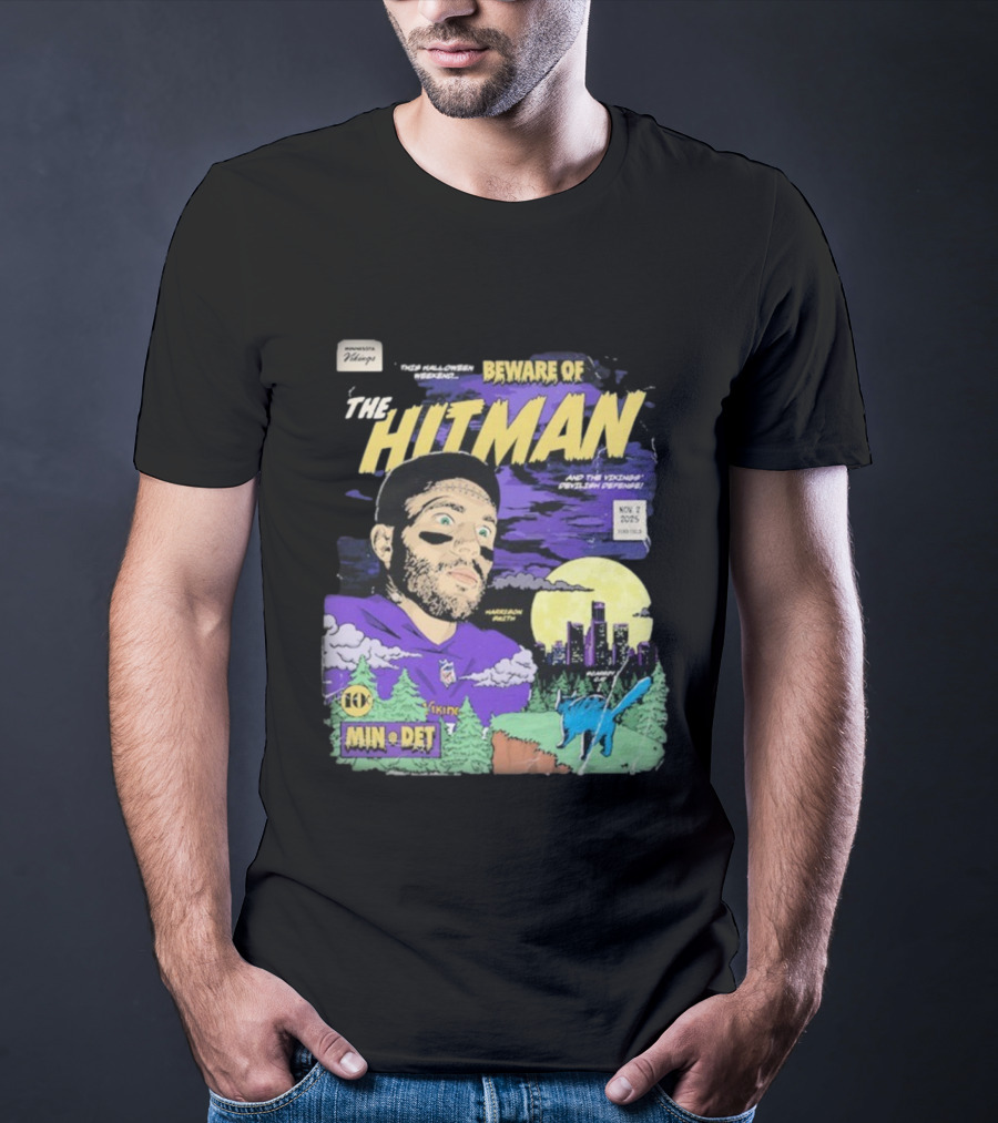 Minnesota Vikings Vs Detroit Lions Beware Of The Hitman NFL November 2 2025 Halloween Matchup Harrison Smith Vikings Defense Ford Field T-Shirt