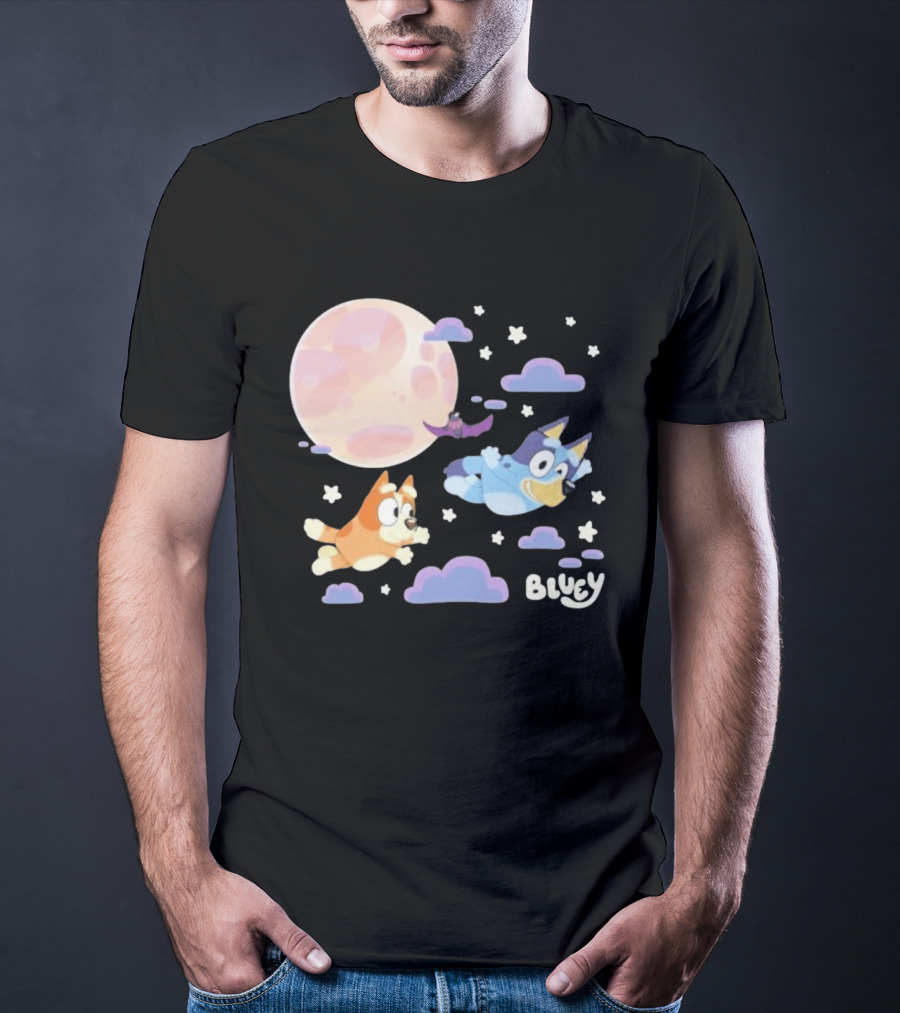 Bluey Sleepy Time Characters Flying With Moon And Stars T-Shirt